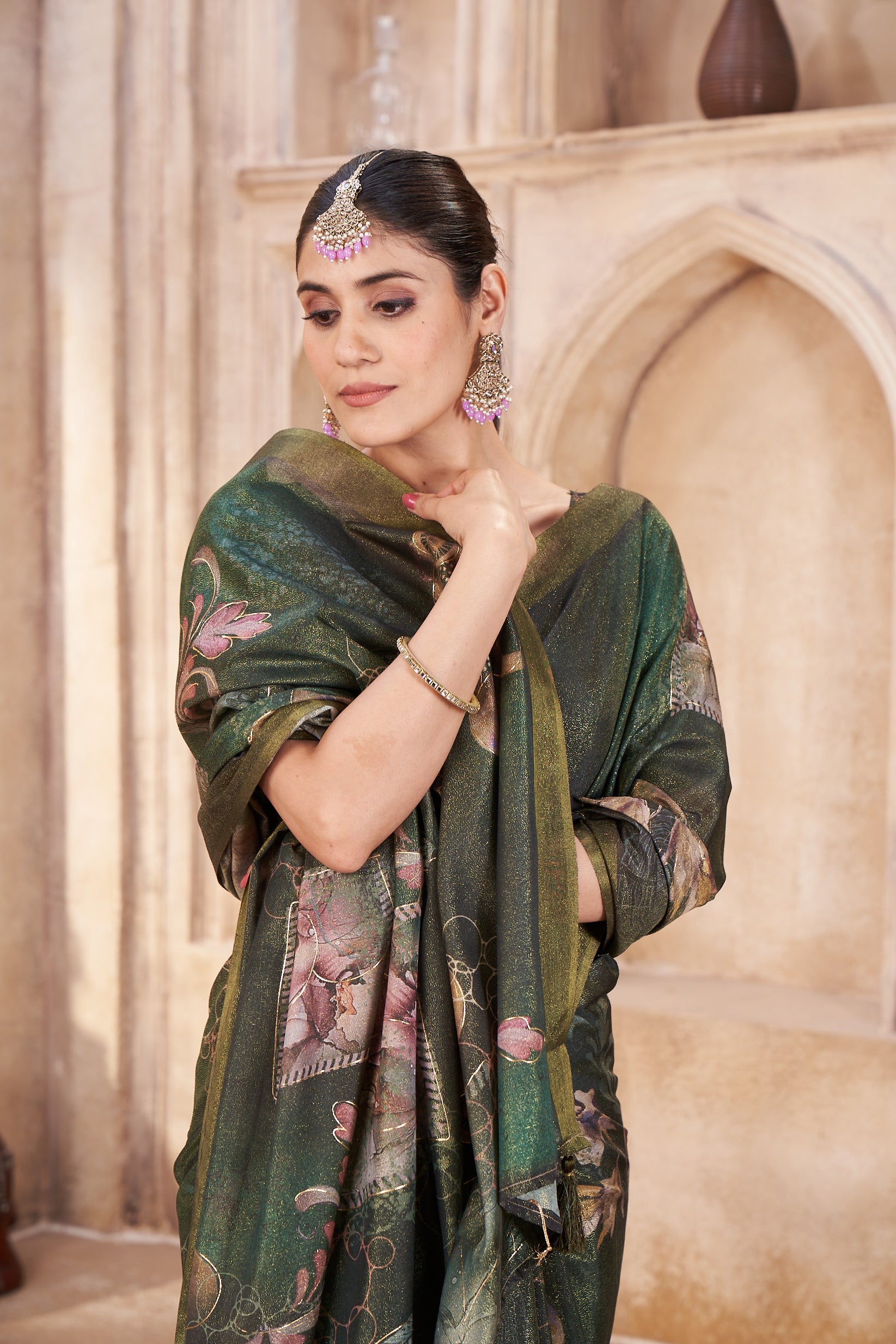 Green Pure Silk Foil Outline Work DigitalPrint Saree